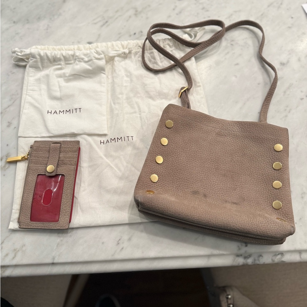 Hammitt Nubuck brushed suede Taupe crossbody and slip Wallet with Gold Accents